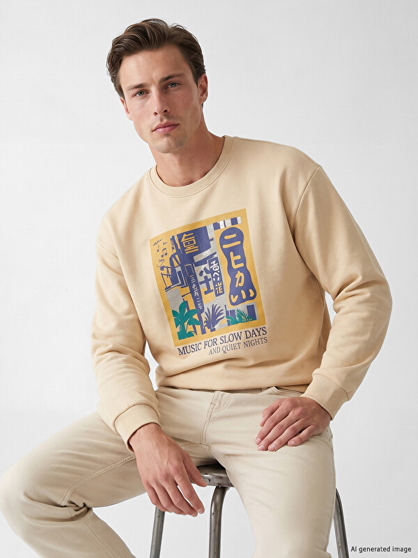 LC WAIKIKI Bisiklet Yaka Baskılı Erkek Sweatshirt