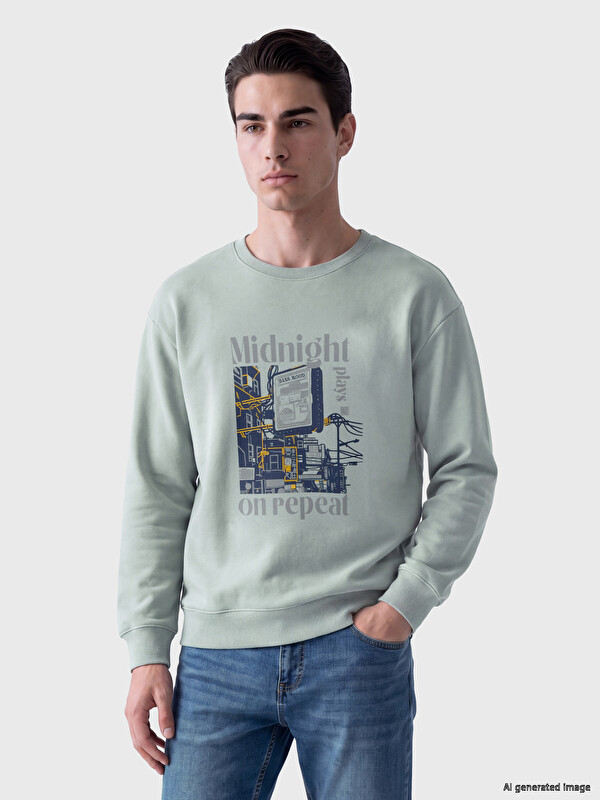 LC WAIKIKI Bisiklet Yaka Baskılı Erkek Sweatshirt