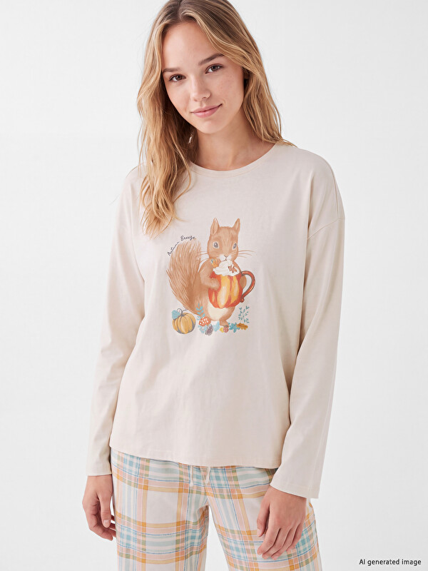 LCW DREAM Bisiklet Yaka Baskılı Kadın Pijama Üst