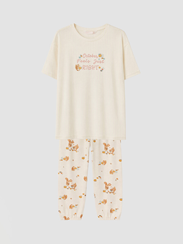 LCW DREAM Bisiklet Yaka Baskılı Kadın Pijama Takım