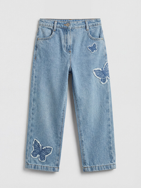 LCW Kids Straight Fit Nakışlı Kız Çocuk Jean Pantolon