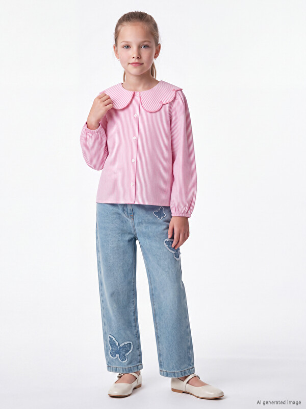 LCW Kids Straight Fit Nakışlı Kız Çocuk Jean Pantolon