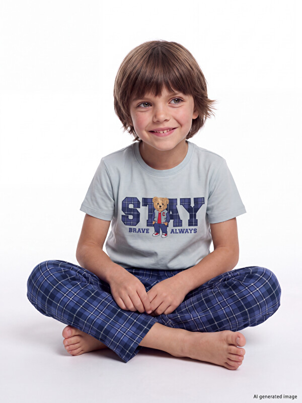LCW Kids Set Pijamale Băieți cu Imprimeu și Guler Rotund