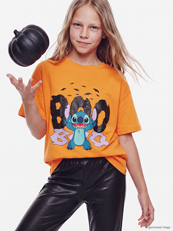 LCW Kids Tricou cu Guler Rotund Imprimat Lilo & Stitch pentru Fete