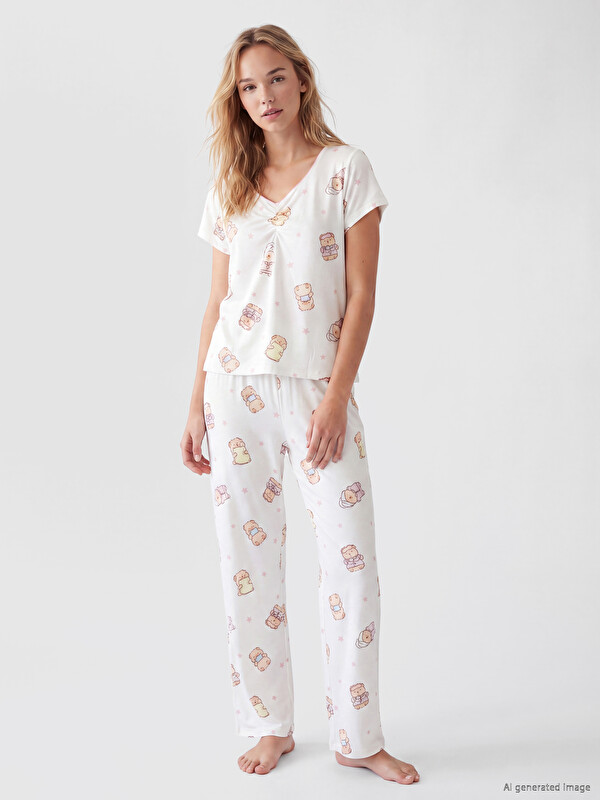 LCW Young V Neck Teddy Bear Printed Women's Pyjamas Set