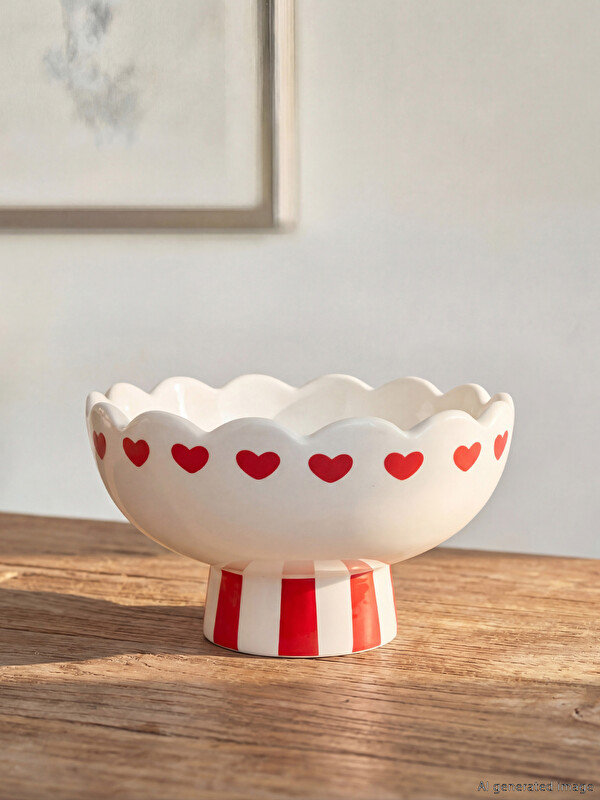 LCW HOME Heart Patterned Striped Footed Ceramic Bowl