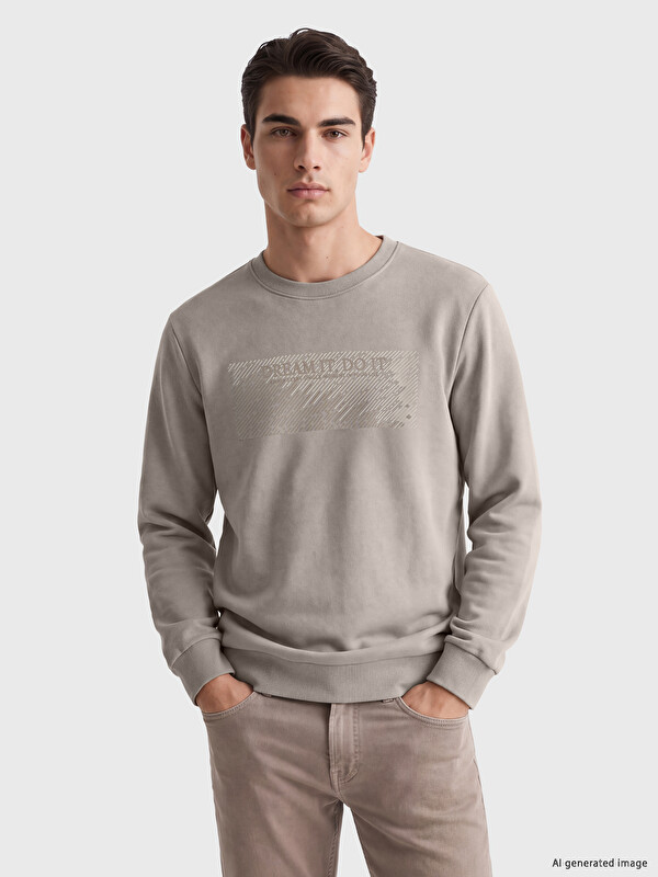 LCWAIKIKI Classic Bisiklet Yaka Baskılı Kalın Erkek Sweatshirt