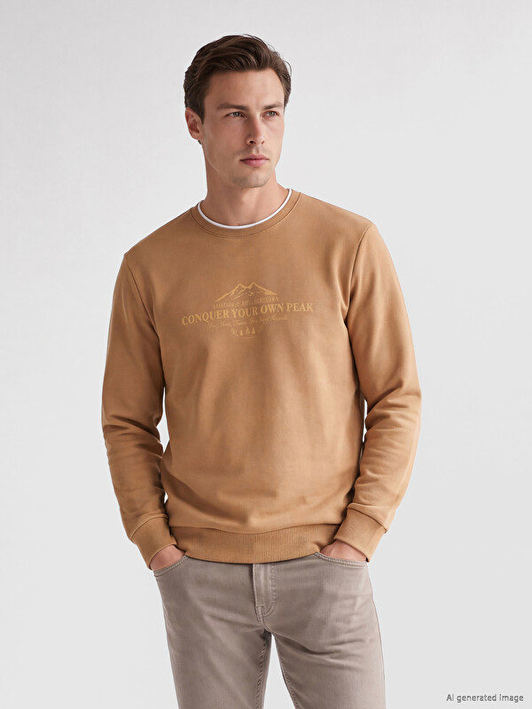 LCWAIKIKI Classic Bisiklet Yaka Baskılı Erkek Kalın Sweatshirt