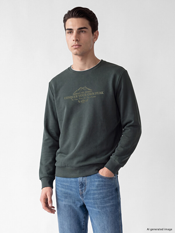 LCWAIKIKI Classic Bisiklet Yaka Baskılı Erkek Kalın Sweatshirt