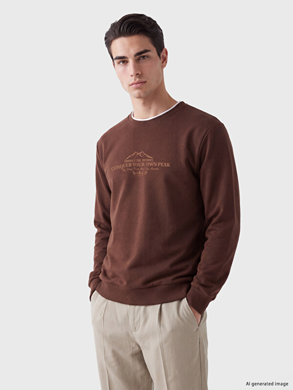 LCWAIKIKI Classic Bisiklet Yaka Baskılı Erkek Kalın Sweatshirt