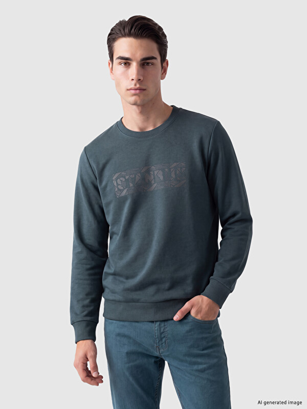 LCWAIKIKI Classic Bisiklet Yaka Baskılı Erkek Kalın Sweatshirt