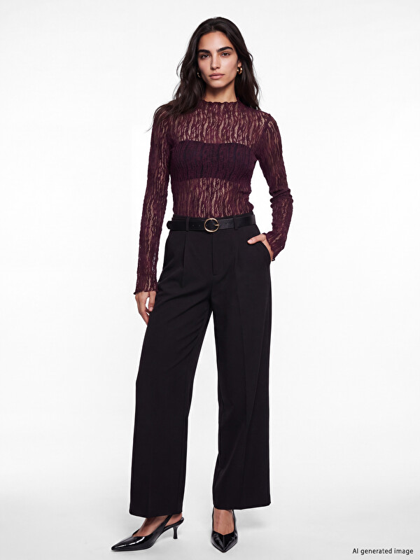 LCW Vision Loose Fit Belted Women's Pleated Fabric Trousers