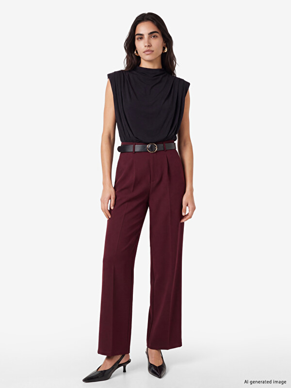 LCW Vision Loose Fit Belted Women's Pleated Fabric Trousers