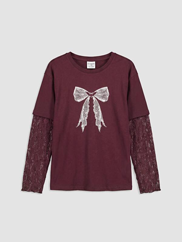 LCW Kids Crew Neck Printed Lace Sleeve Girls' T-Shirt