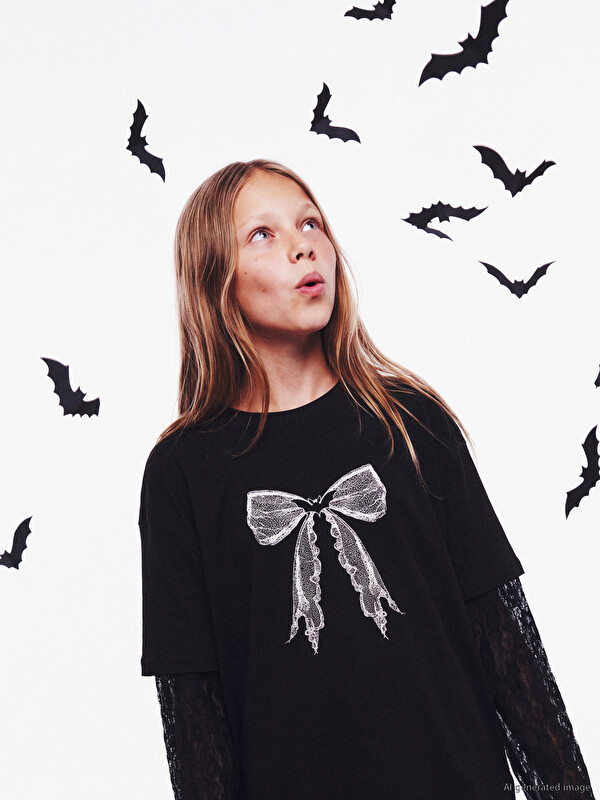LCW Kids Tricou Fată cu Guler Rotund și Imprimeu cu Fundă