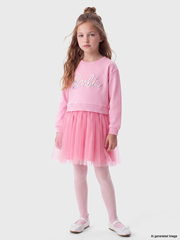 LCW Kids Barbie Baskılı Kız Çocuk Tül Elbise