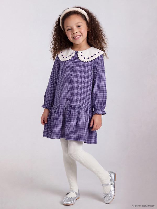 LCW Kids Embroidered Peter Pan Collar Plaid Girls' Gabardine Dress
