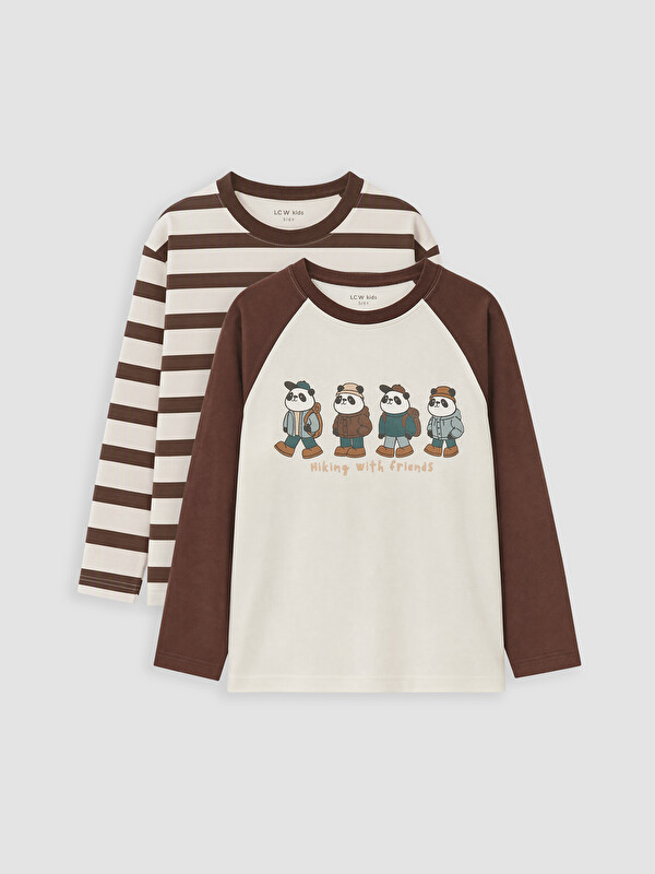 LCW Kids Tricou cu guler rotund vărgat și imprimat pentru băieți, set de 2 bucăți