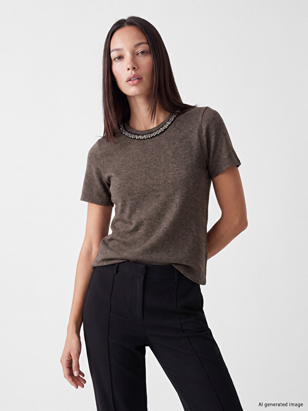 LCW EVERYDAY Crew Neck Rhinestone Embellished Women's T-shirt