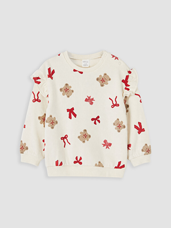 LCW baby Crew Neck Ruffled Patterned Baby Girls' Sweatshirt