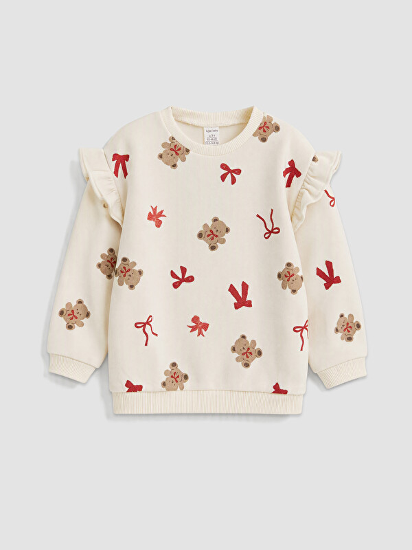 LCW baby Crew Neck Ruffled Patterned Baby Girls' Sweatshirt