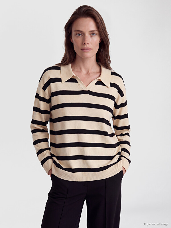 LCW Grace Polo Collar Striped Women's Knitwear Sweater