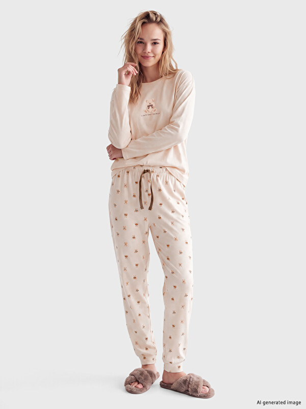 LCW DREAM Bisiklet Yaka Baskılı Kadın Pijama Takım