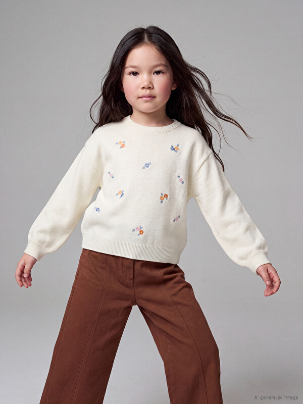 LCW Kids Crew Neck Girls' Embroidered Knitwear Sweater