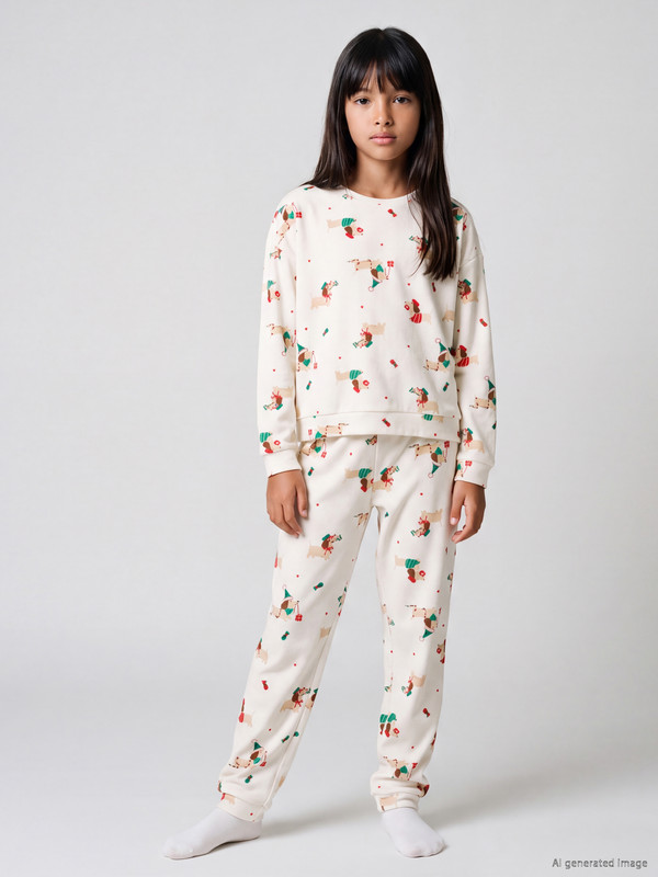 LCW Kids Yılbaşı Temalı Kız Çocuk Kadife Pijama Takım
