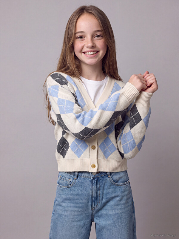 LCW Kids V Neck Argyle Patterned Girls' Cardigan