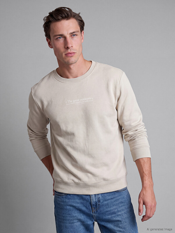 LCWAIKIKI Classic Crew Neck Printed Men's Thick Sweatshirt