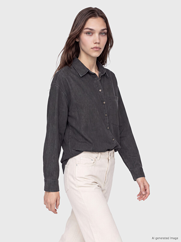 LCW Modest Pocketed Oversize Women's Jean Shirt Tunic