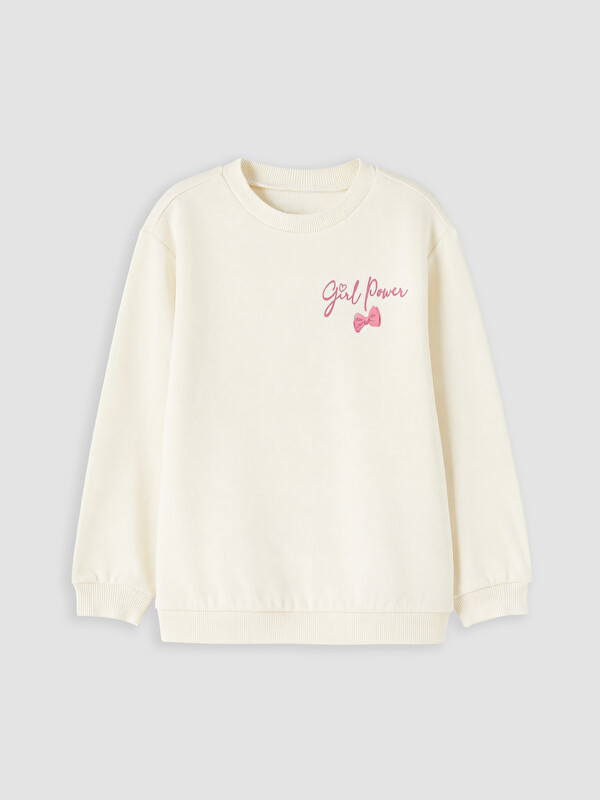 LC WAIKIKI Bisiklet Yaka Baskılı Kız Çocuk Sweatshirt