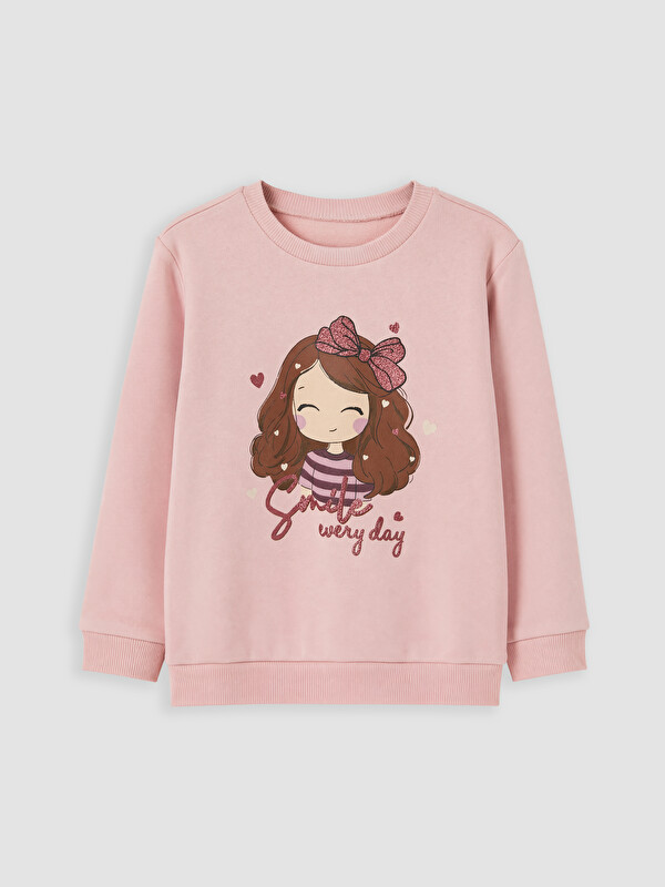 LC WAIKIKI Bisiklet Yaka Baskılı Kız Çocuk Sweatshirt