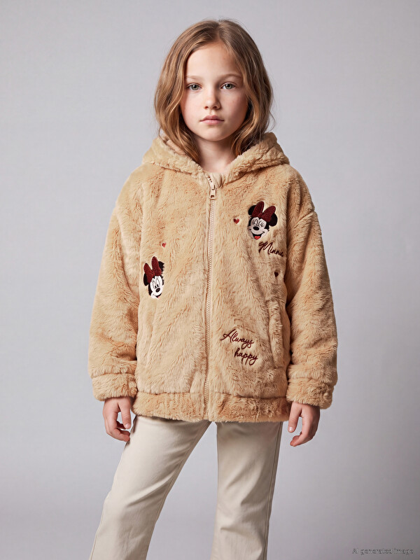 LCW Kids Minnie Mouse Embroidered Girls' Plush Zippered Sweatshirt