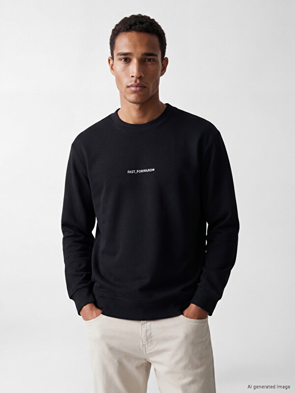 LCW Vision Bisiklet Yaka Slogan Baskılı Erkek Sweatshirt