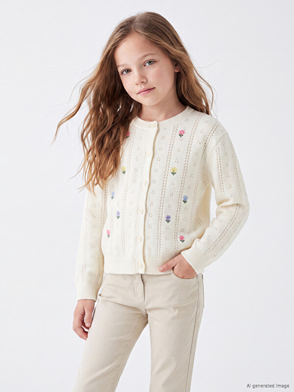 LCW Kids Crew Neck Floral Girls' Knitwear Cardigan