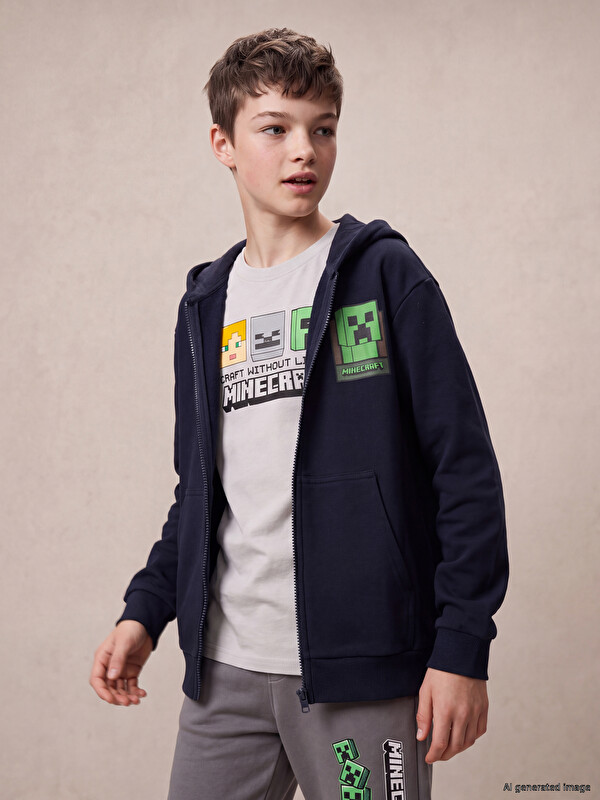 LCW Kids Hooded Minecraft Boys' Zip-Up Sweatshirt
