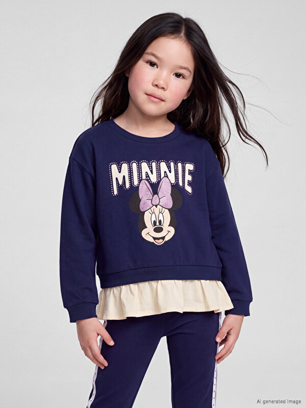 LCW Kids Minnie Mouse Baskılı Taşlı Kız Çocuk Sweatshirt