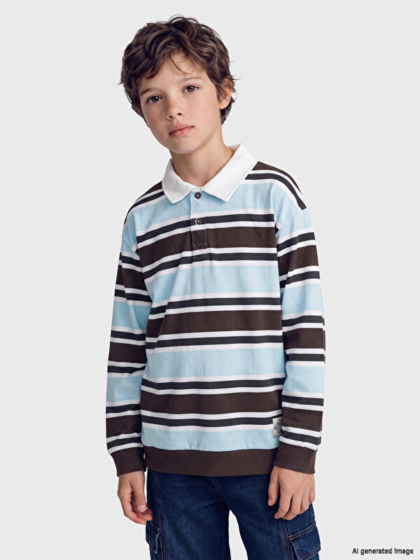 LCW Kids поло жағалы жолақты ұзын жеңді ұлдарға арналған футболка