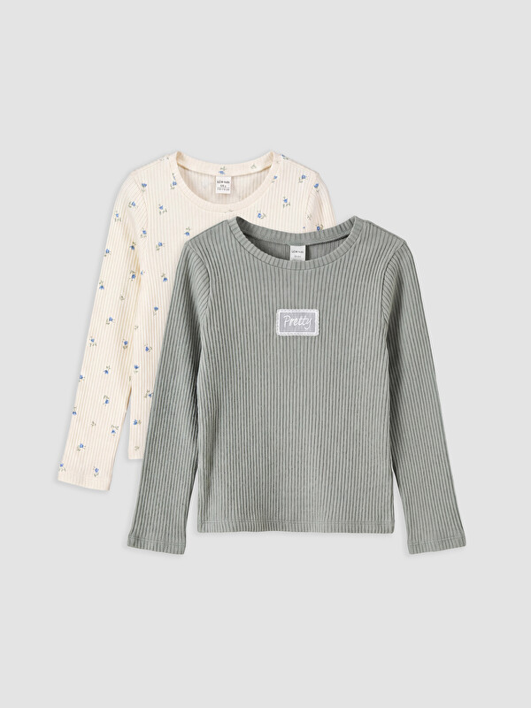 LCW Kids Tricou cu Guler Rotund Brodat pentru Fete, Pachet de 2 Bucăți