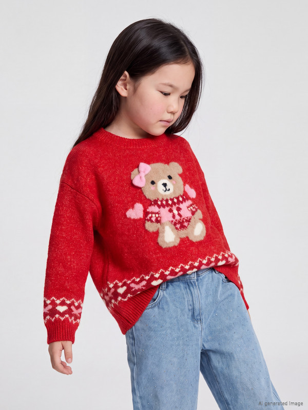 LCW Kids Bear Figured Crew Neck Girls' Knitwear Sweater