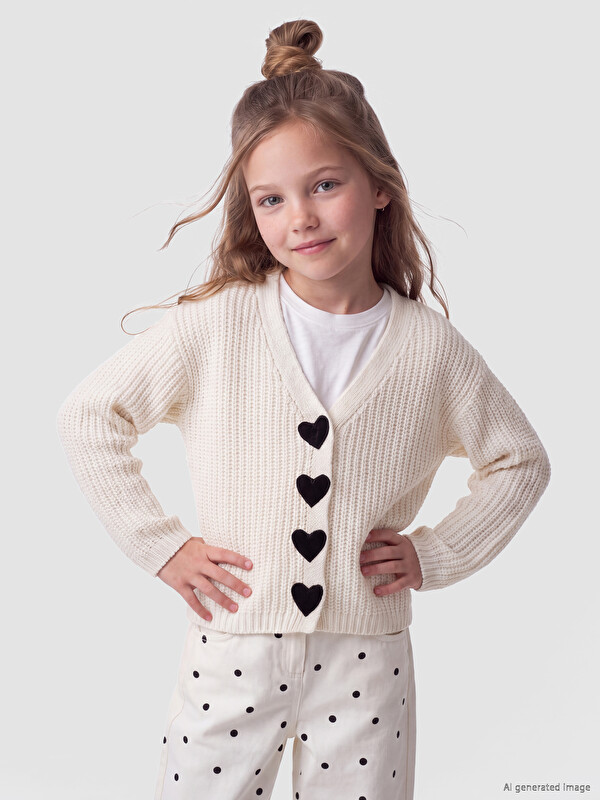 LCW Kids V Yaka Kalp Düğmeli Kız Çocuk Triko Hırka