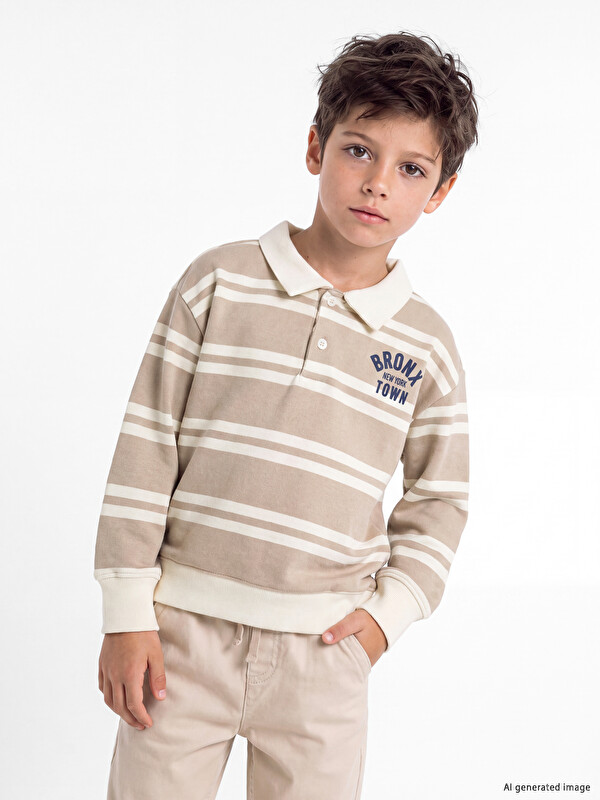 LCW Kids Polo Yaka Çizgili Erkek Çocuk Kalın Sweatshirt