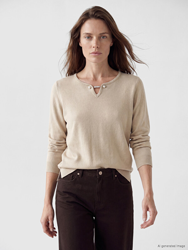 LCW Grace V Neck Accessory Detailed Women's Knitwear Sweater