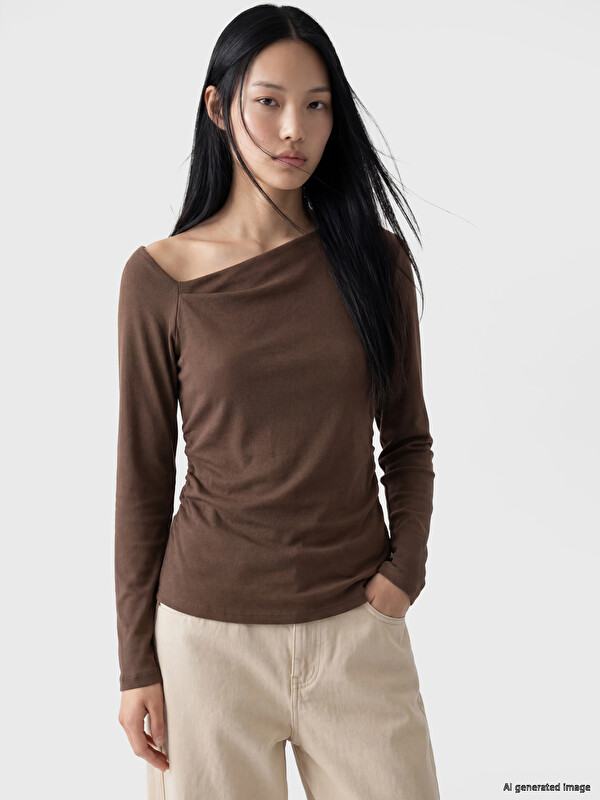 XSIDE Slash Neck Ribbed Blouse