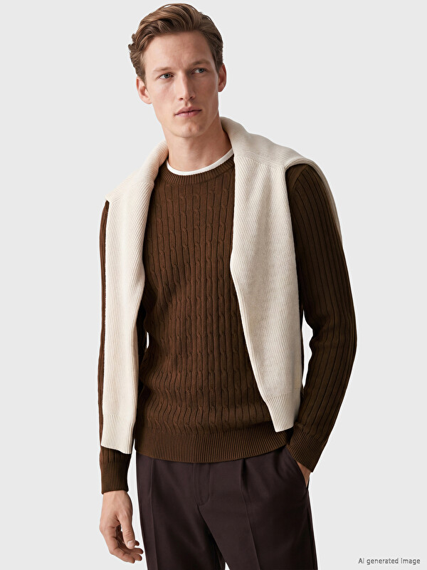 SOUTHBLUE Crew Neck Cable Knit Patterned Men's Knitwear Sweater