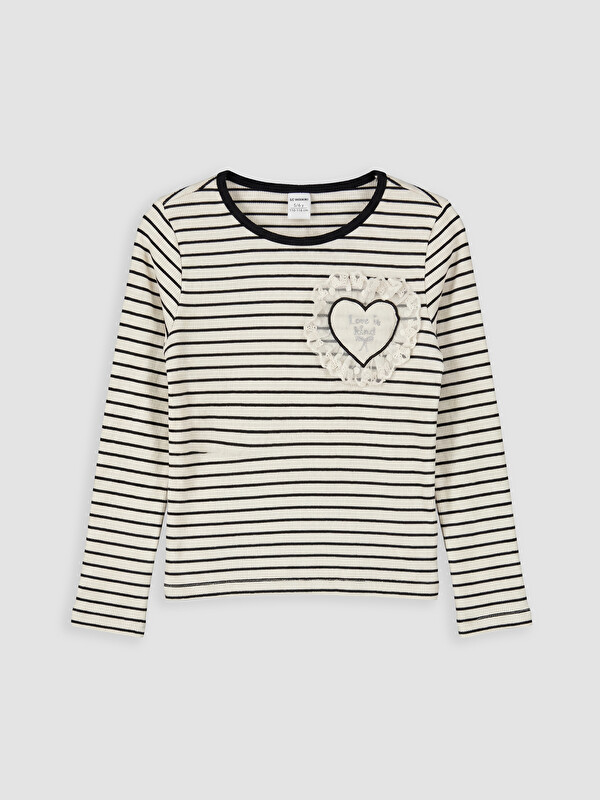 LCW Kids Crew Neck Striped Heart Detail Girls' T-shirt