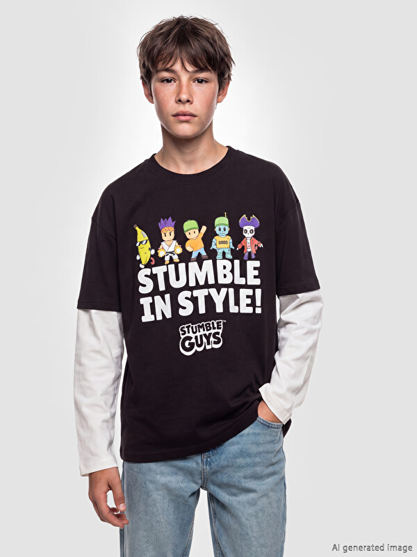 LCW Kids Bluzë me jakë të rrumbullakët Stumble Guys e stampuar për djem