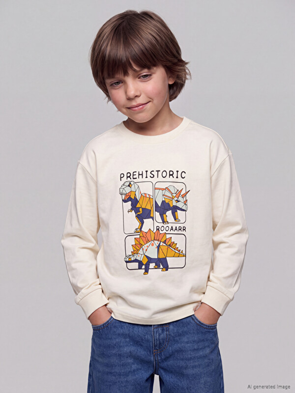 LCW Kids Crew Neck Printed Long Sleeve Boys' T-Shirt